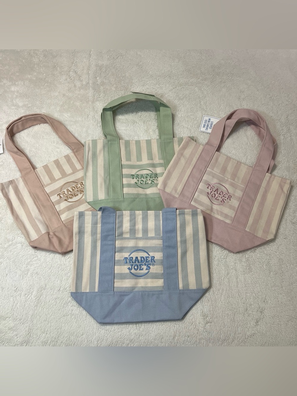 Trader Joe’s Pastel Stripe Canvas Tote Bag - Blue, Pink, Green, Taupe. Set of 4.